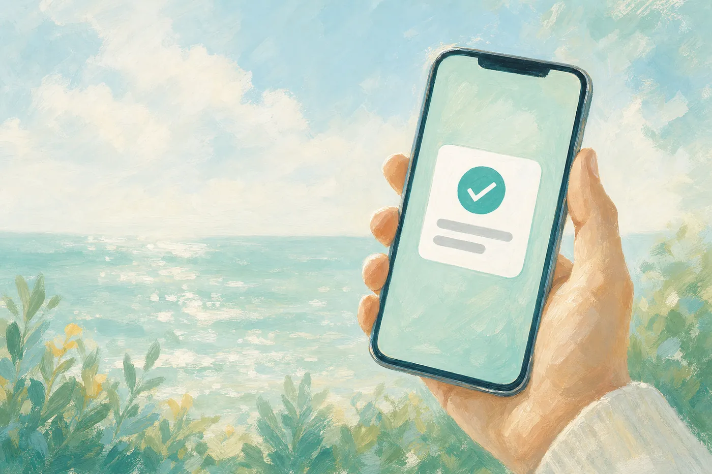 A hand holding a phone with a payment received notification, sea and sky behind